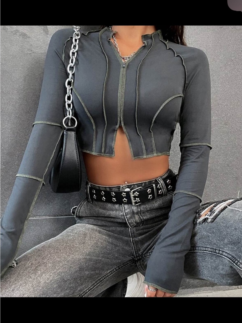 SHEIN Black Contrast-Stitched Cropped Zip Long Sleeve Cropped Jacket